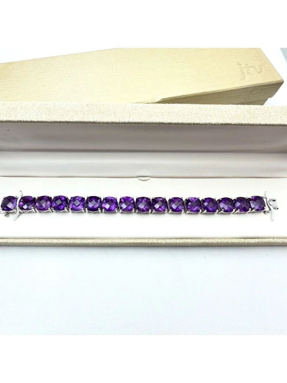 African Amethyst Sterling Silver Bracelet 55 Carats Cushion Cut Checkerboard